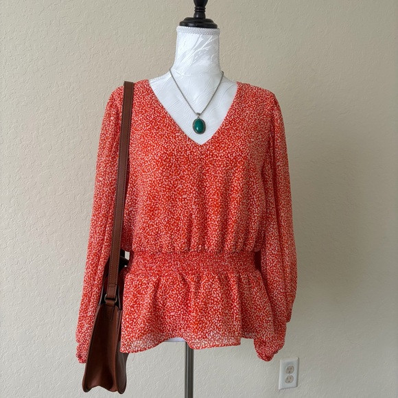 Sam & Jess Orange Floral Smocked Waist Peplum Blouse XL Boho Balloon Sleeve - Picture 2 of 10